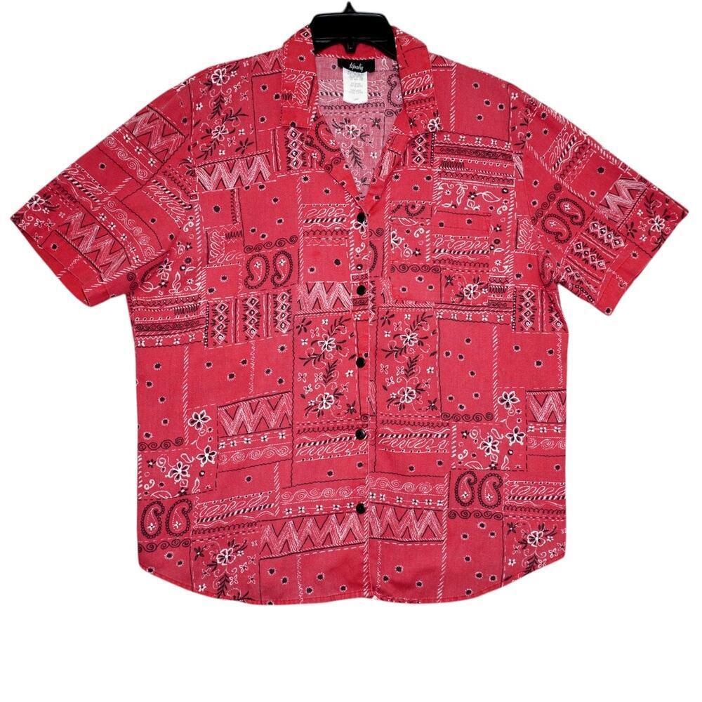 Tapestry Red Bandana Patchwork Button-Up Shirt La… - image 1
